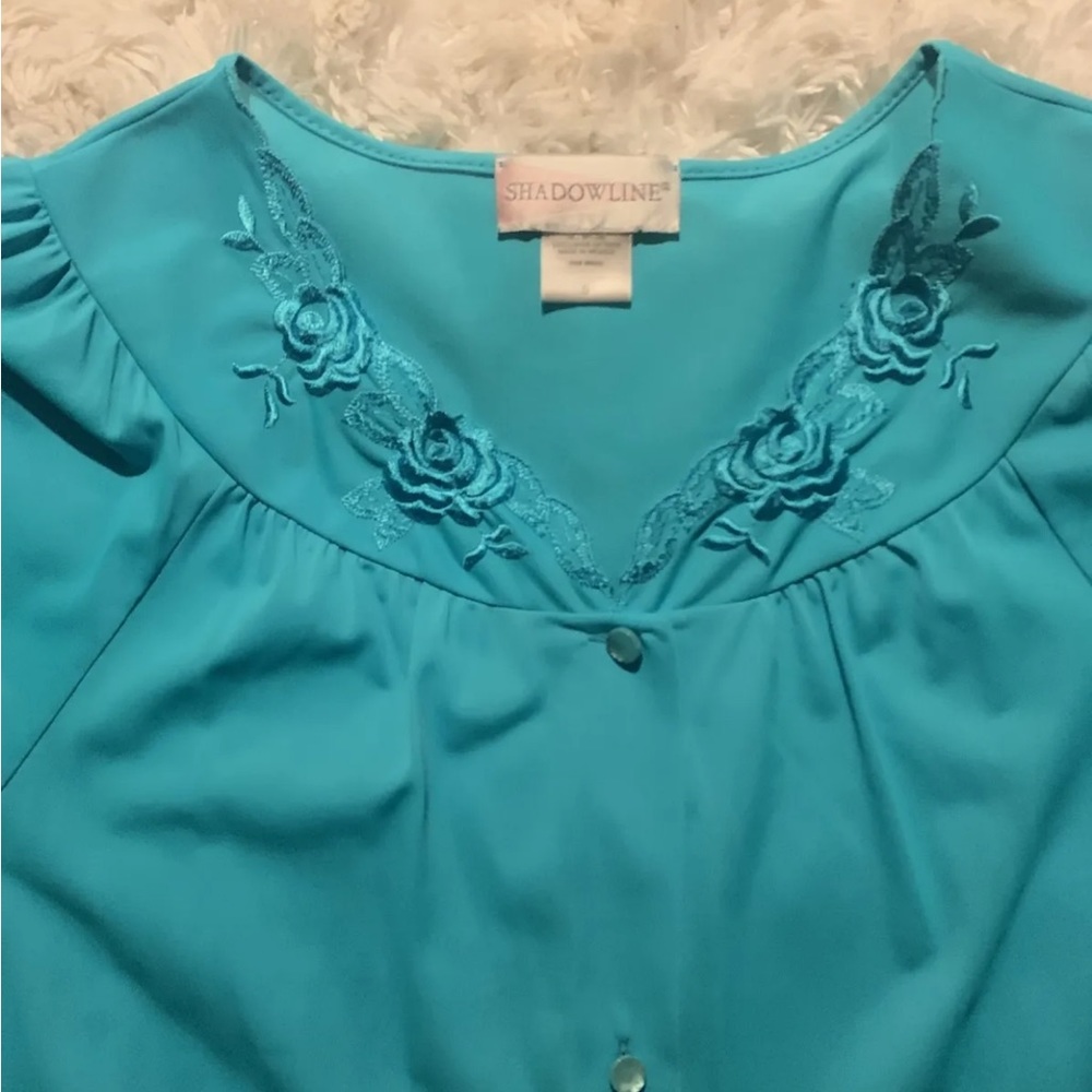 Shadowline Short Robe 3/4 sleeves Button Up Pockets Turquoise Size S NWOT